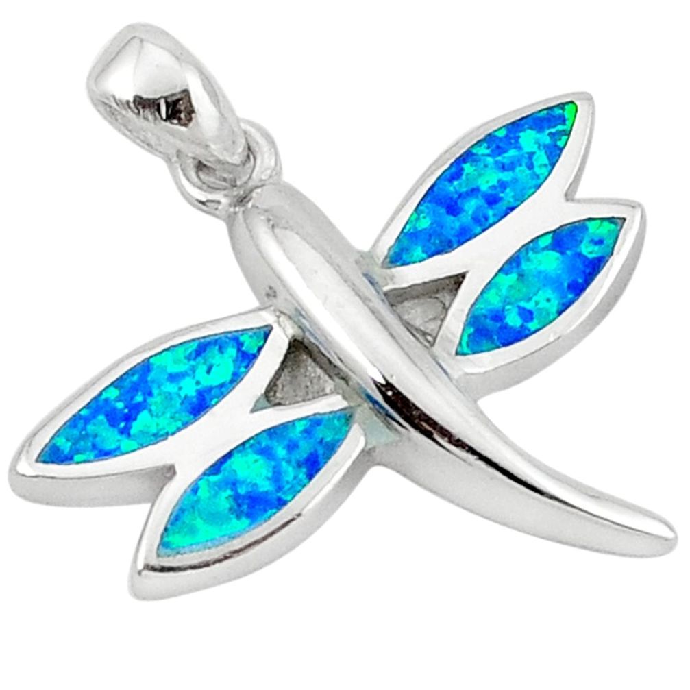 Blue australian opal (lab) enamel 925 silver dragonfly pendant a41053