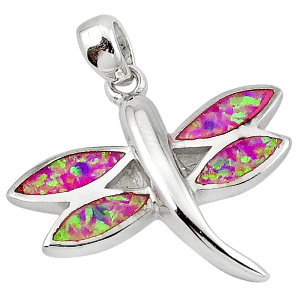 Pink australian opal (lab) enamel 925 silver dragonfly pendant jewelry a41060