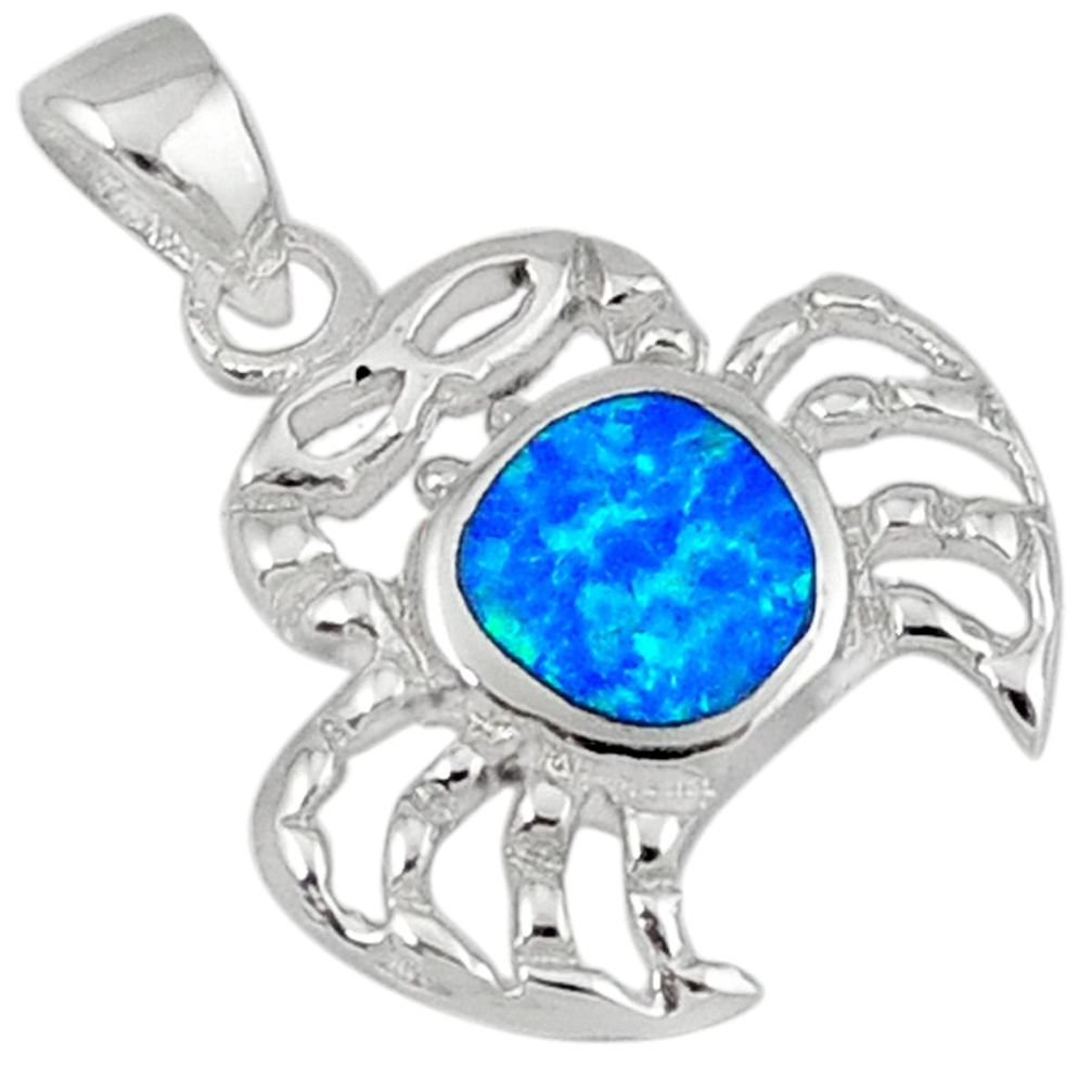 Blue australian opal (lab) enamel 925 sterling silver crab pendant a41071