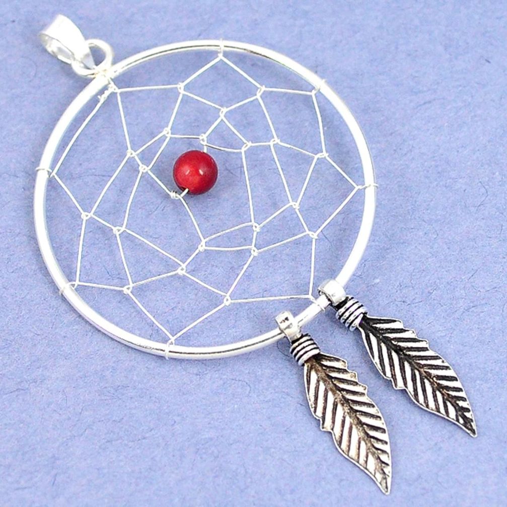 Red coral round 925 sterling silver dreamcatcher pendant jewelry a41182