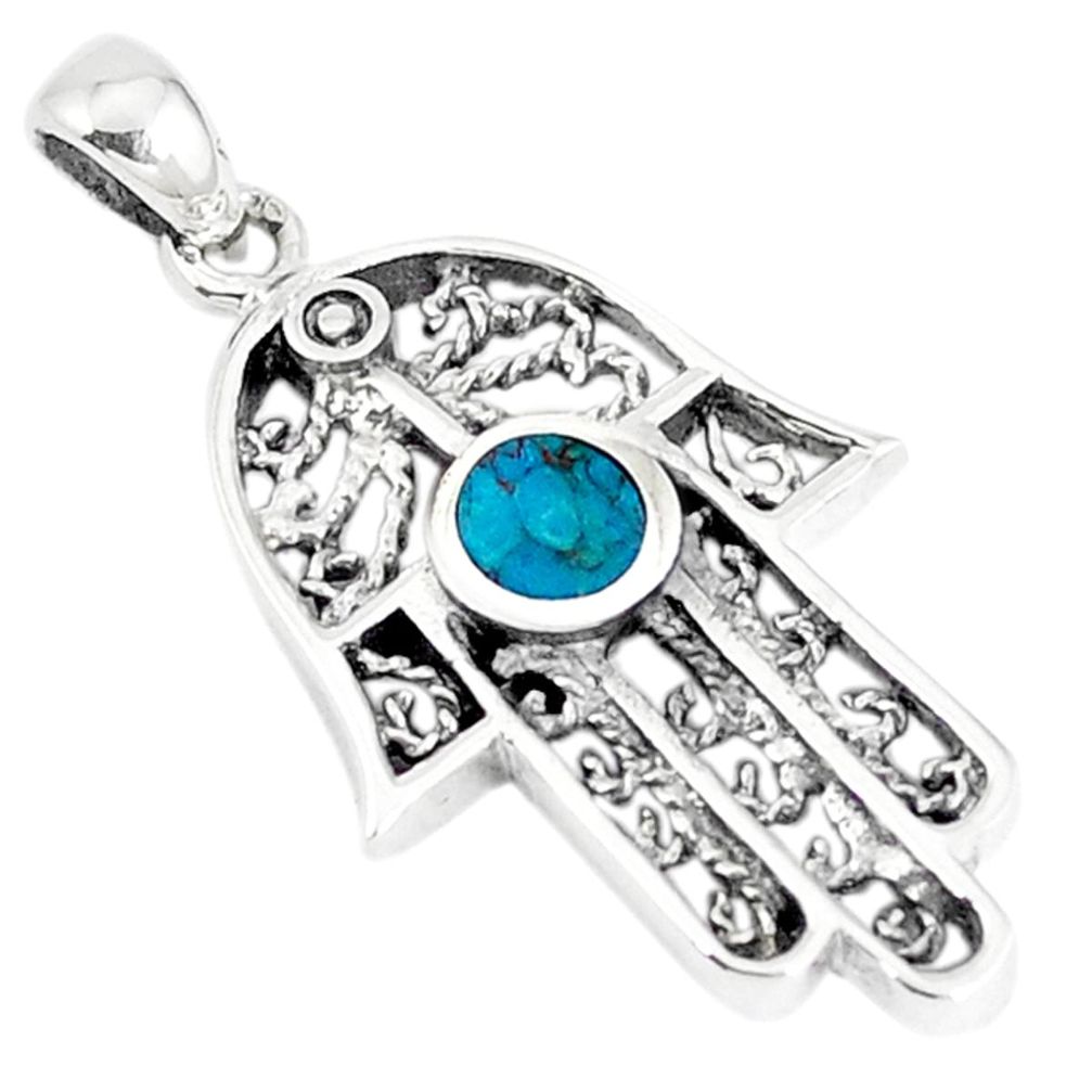 Green turquoise tibetan enamel 925 silver hand of god hamsa pendant a41436