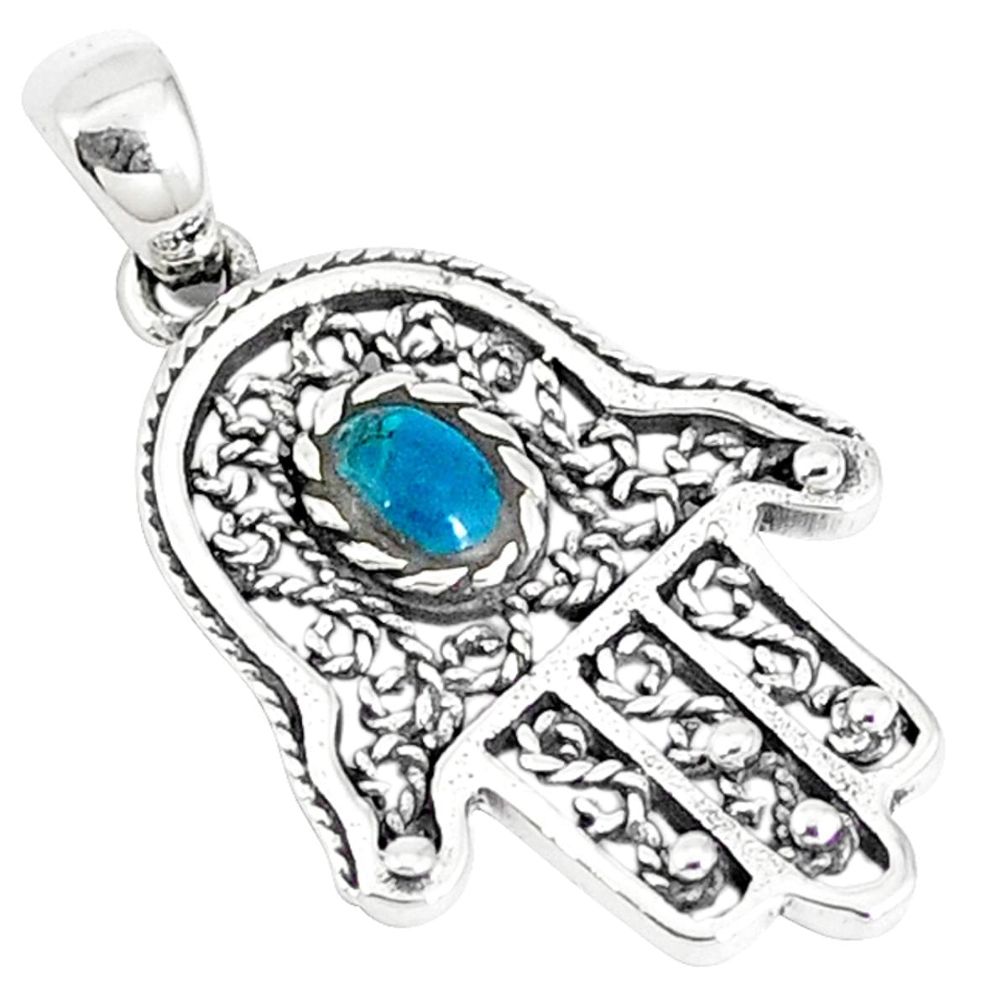 Natural green turquoise tibetan 925 silver hand of god hamsa pendant a41441