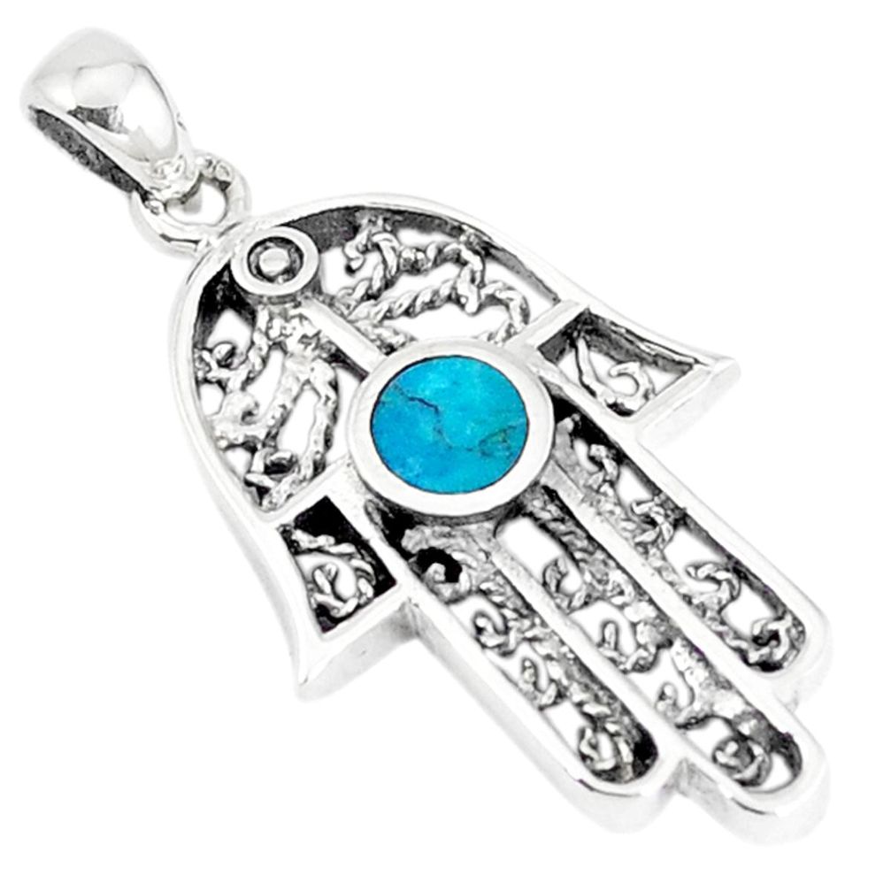 Green turquoise tibetan enamel 925 silver hand of god hamsa pendant a41450