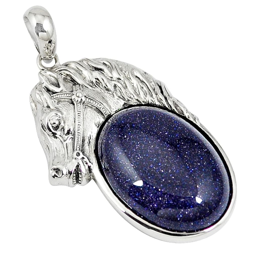 925 sterling silver natural blue goldstone horse pendant jewelry a42088