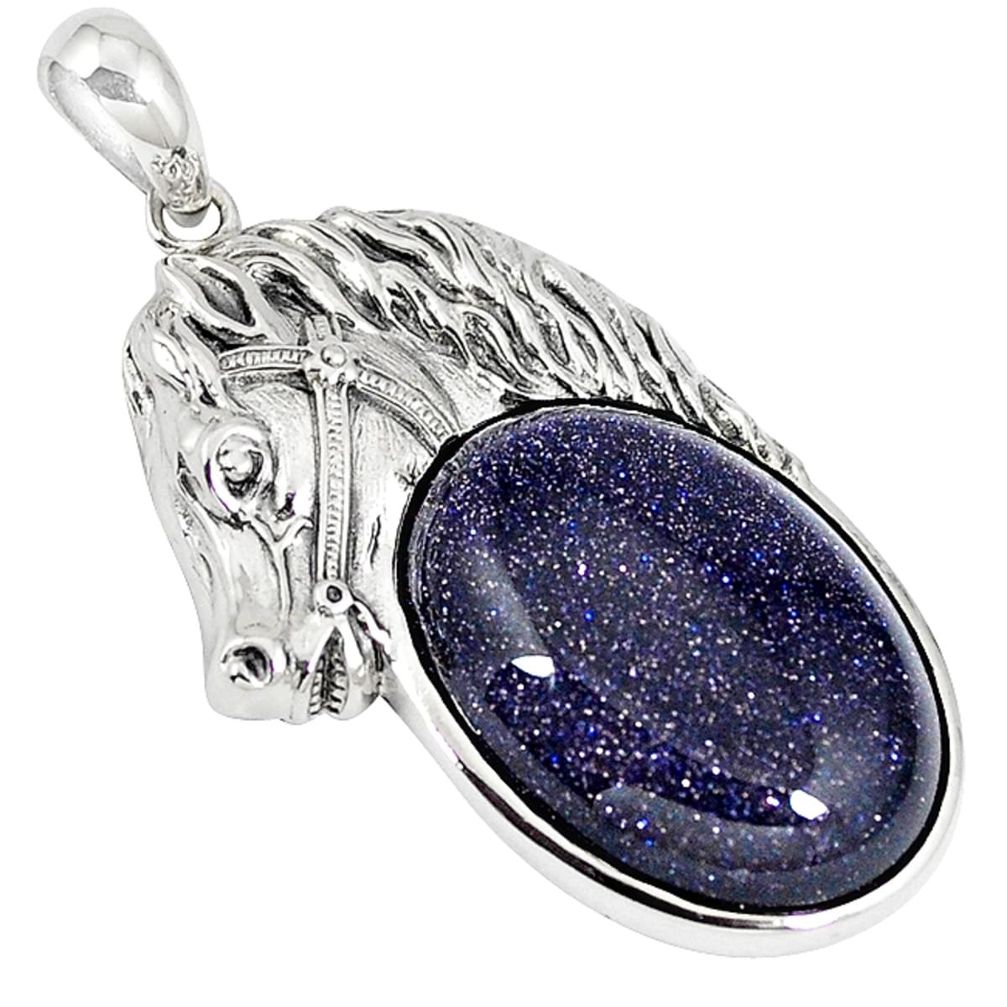 Natural blue goldstone oval 925 sterling silver horse pendant jewelry a42089