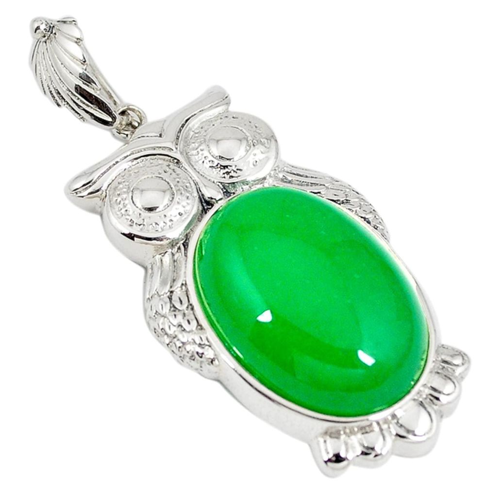 Green jade oval shape 925 sterling silver owl pendant jewelry a42106