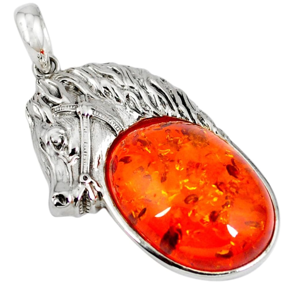Orange amber oval shape 925 sterling silver horse pendant jewelry a42134