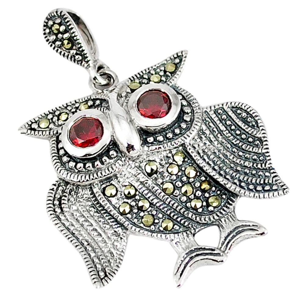 Natural red garnet marcasite 925 sterling silver owl pendant jewelry a42539