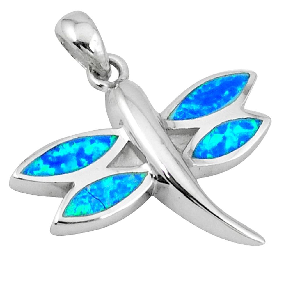 Blue australian opal (lab) enamel 925 silver dragonfly pendant jewelry a42689