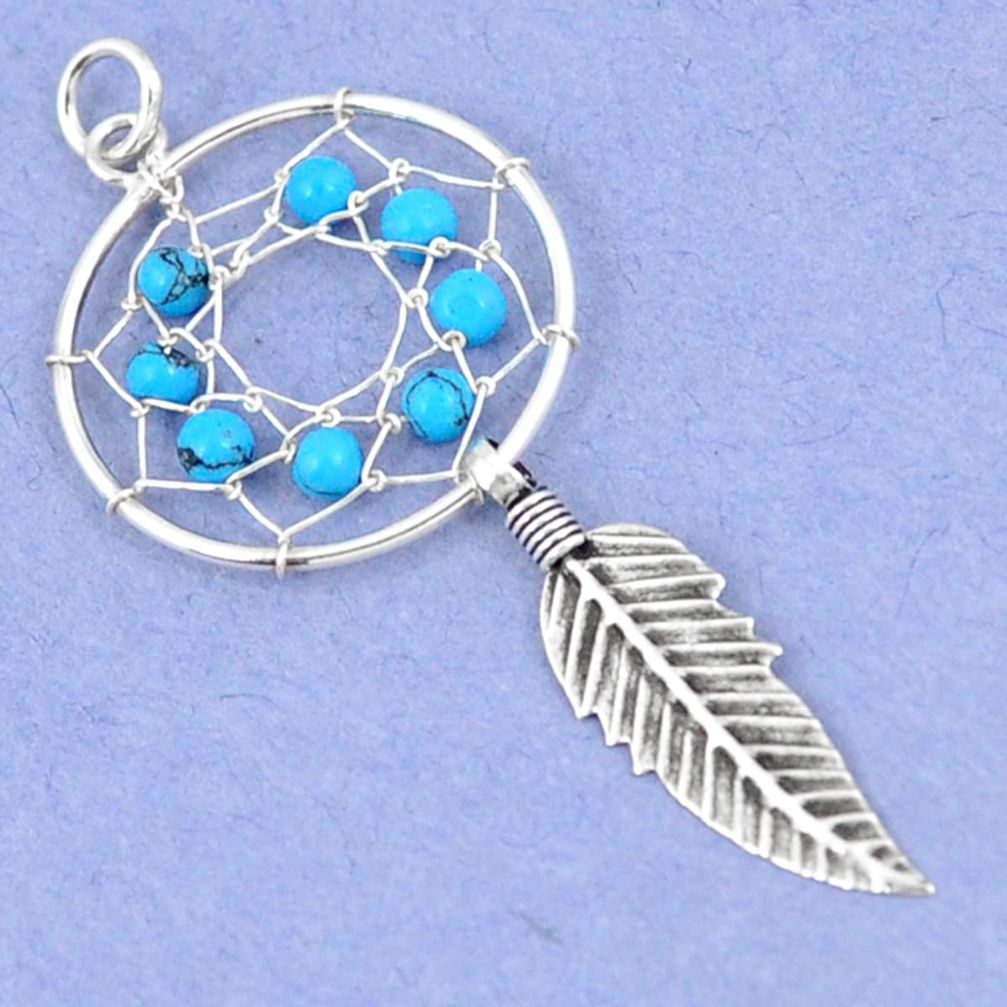 Fine blue turquoise 925 sterling silver dreamcatcher pendant jewelry a42903
