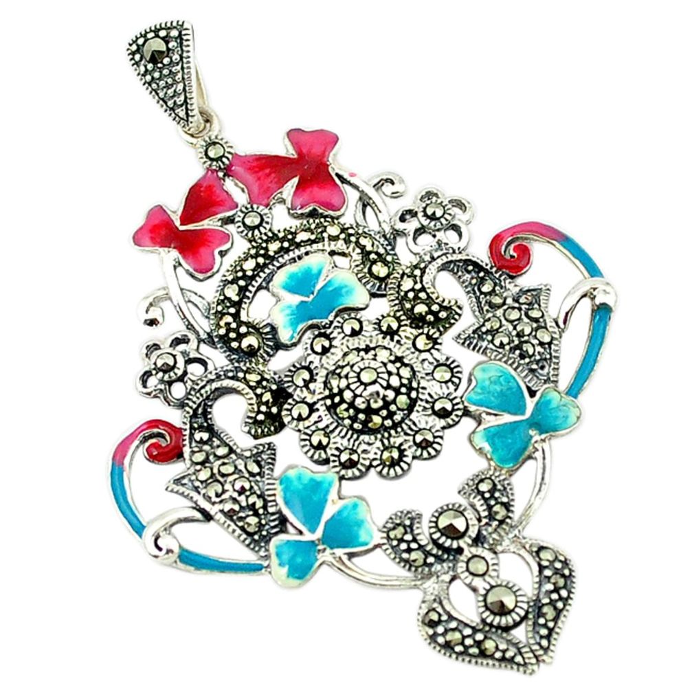 Swiss marcasite enamel 925 sterling silver flower pendant jewelry a43591