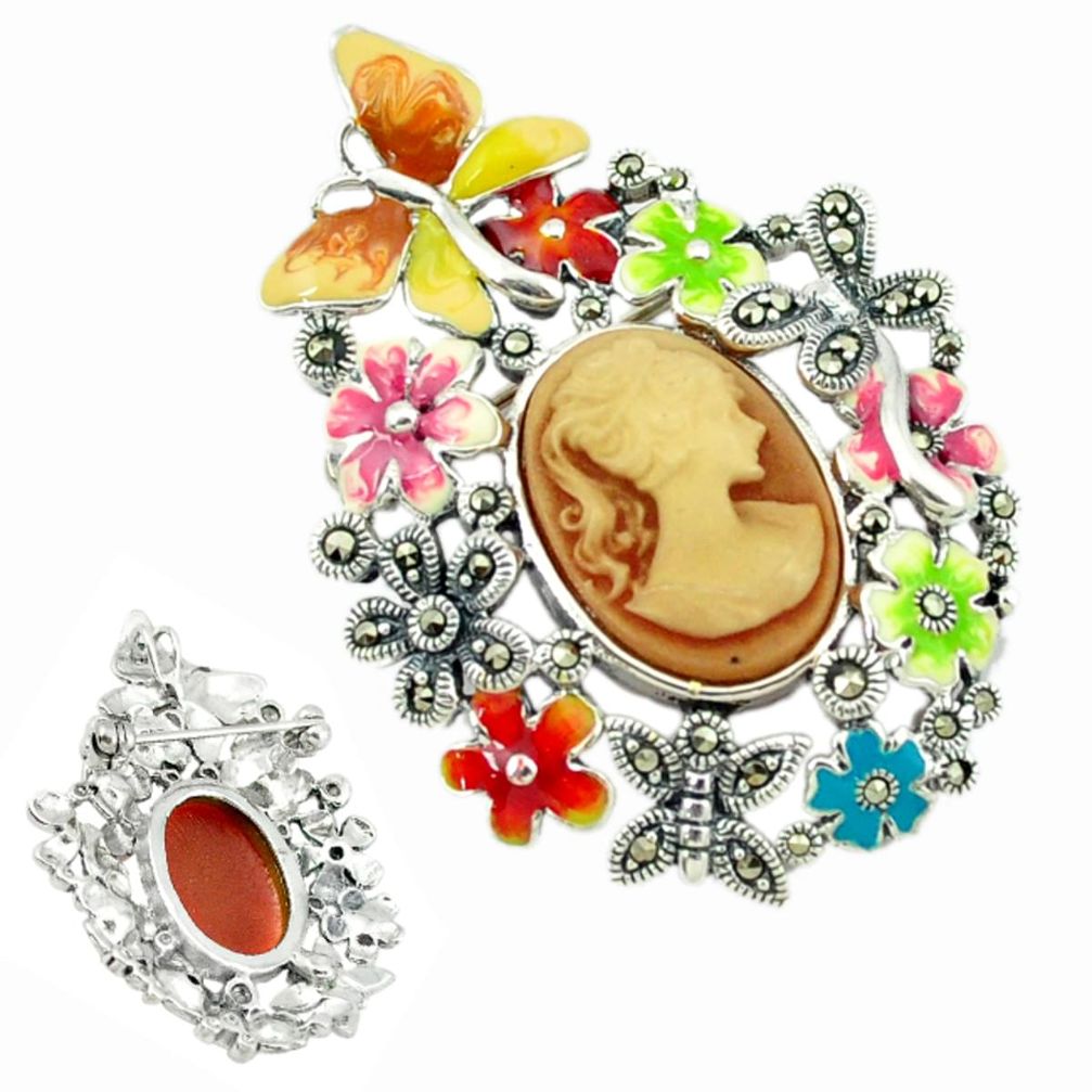 Natural honey onyx marcasite enamel 925 silver flower pendant jewelry a43599