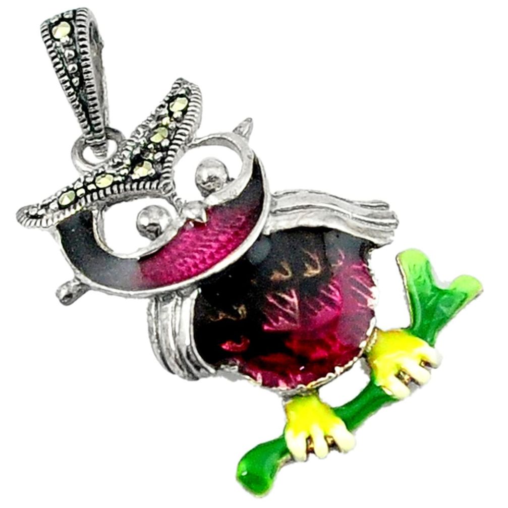 925 sterling silver swiss marcasite enamel owl pendant jewelry a43631