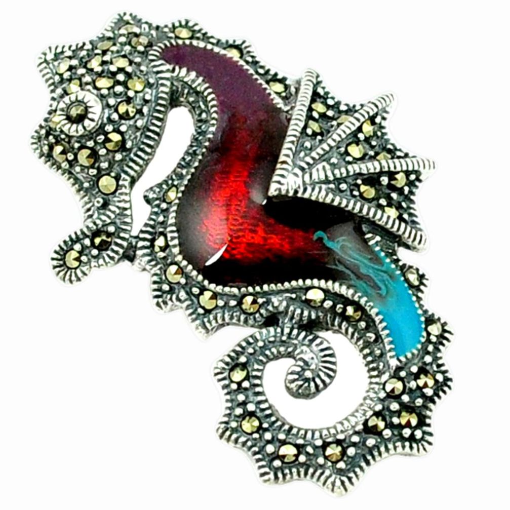 Fine marcasite enamel 925 sterling silver seahorse pendant jewelry a43661