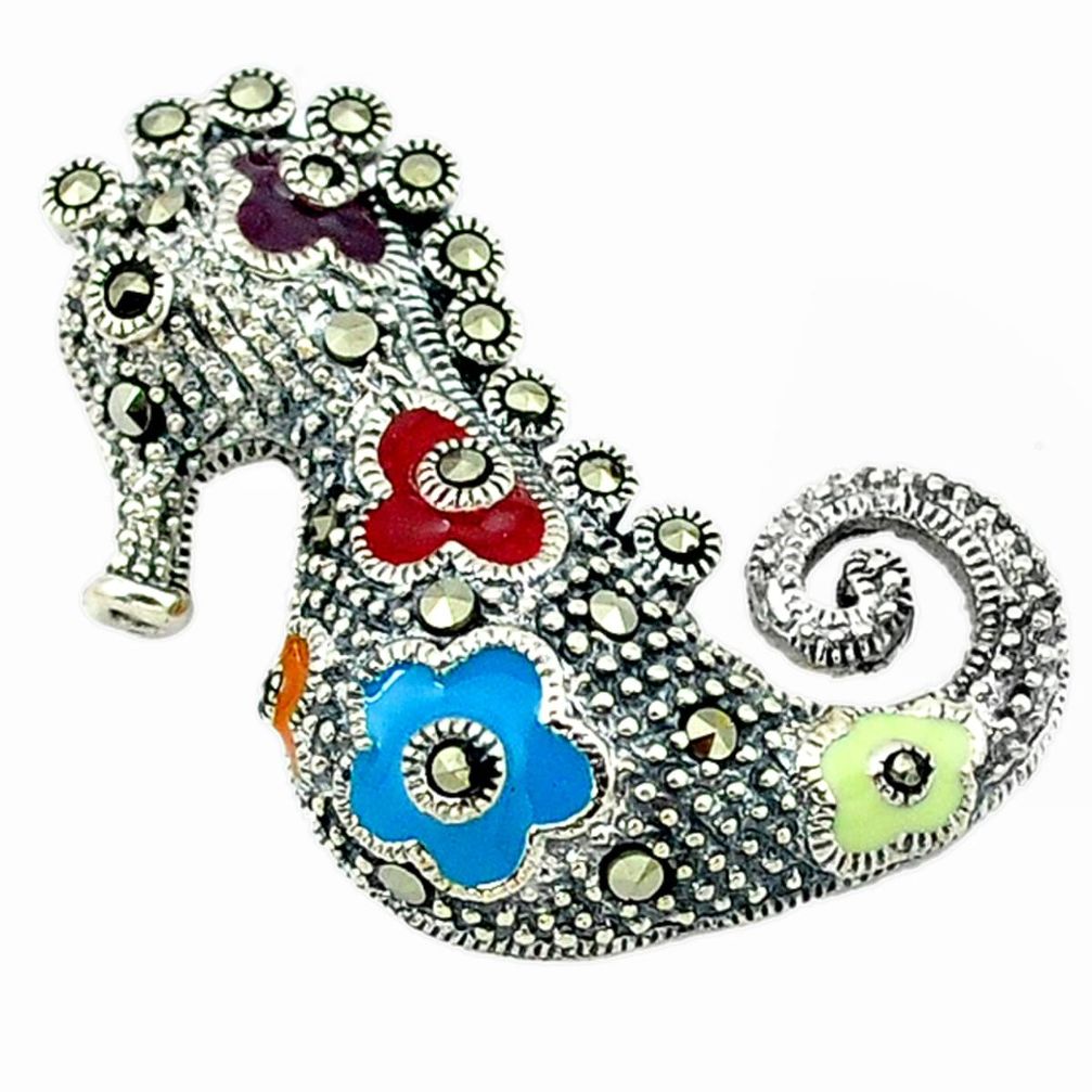 Fine marcasite enamel 925 sterling silver seahorse pendant jewelry a43666