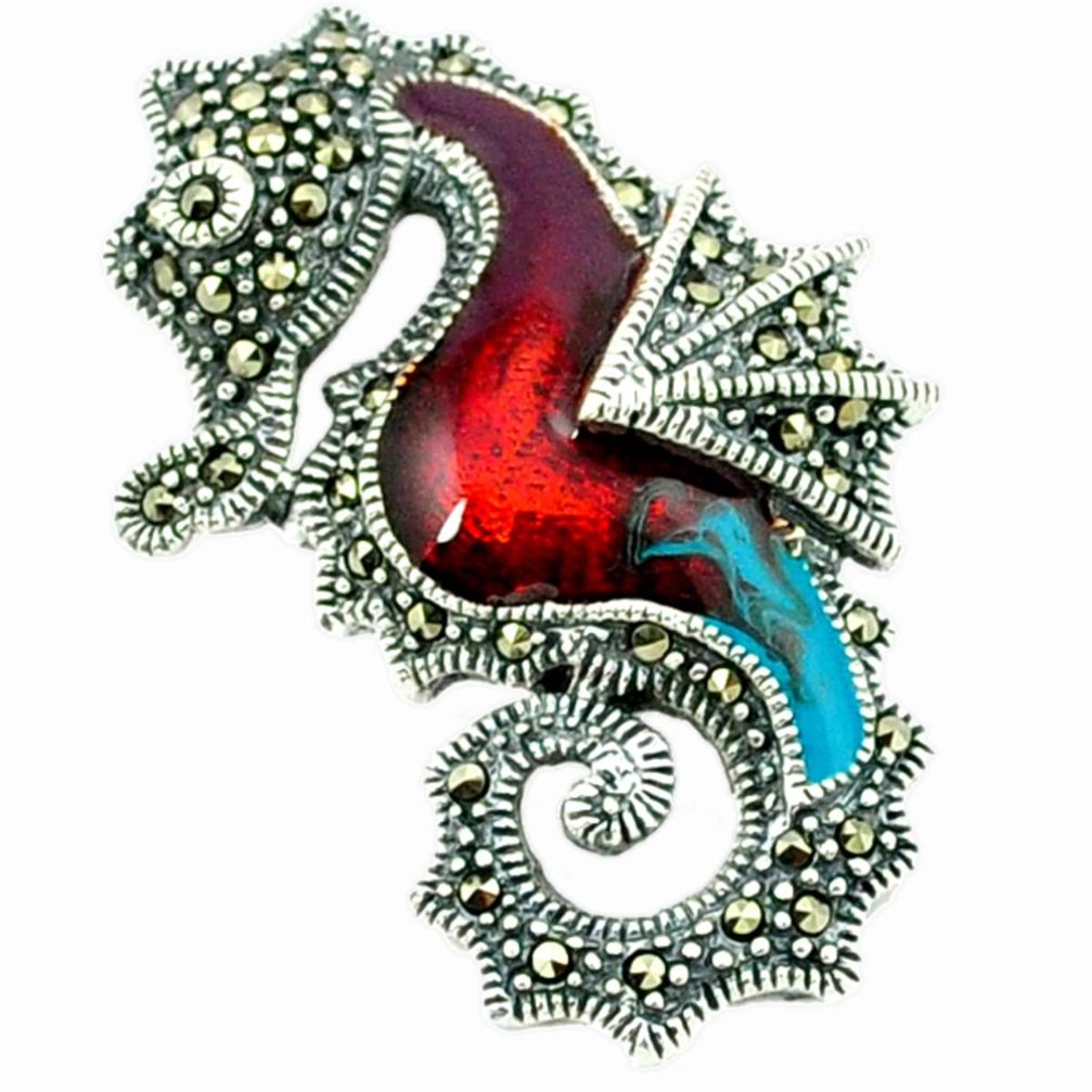 Swiss marcasite enamel 925 sterling silver seahorse pendant jewelry a43670