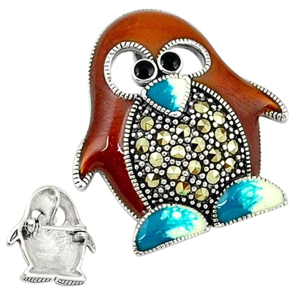 Marcasite enamel 925 sterling silver penguin charm brooch pendant jewelry a44419