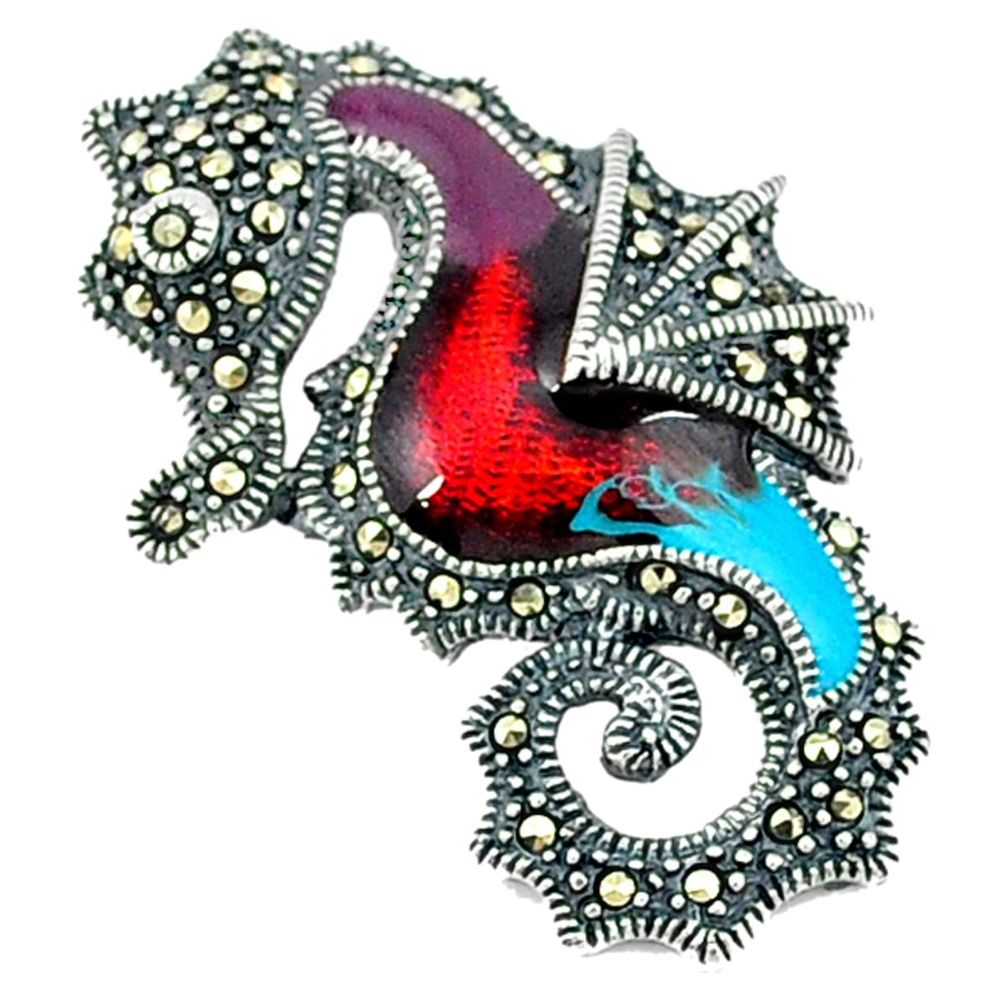 Swiss marcasite enamel 925 sterling silver seahorse pendant jewelry a44462