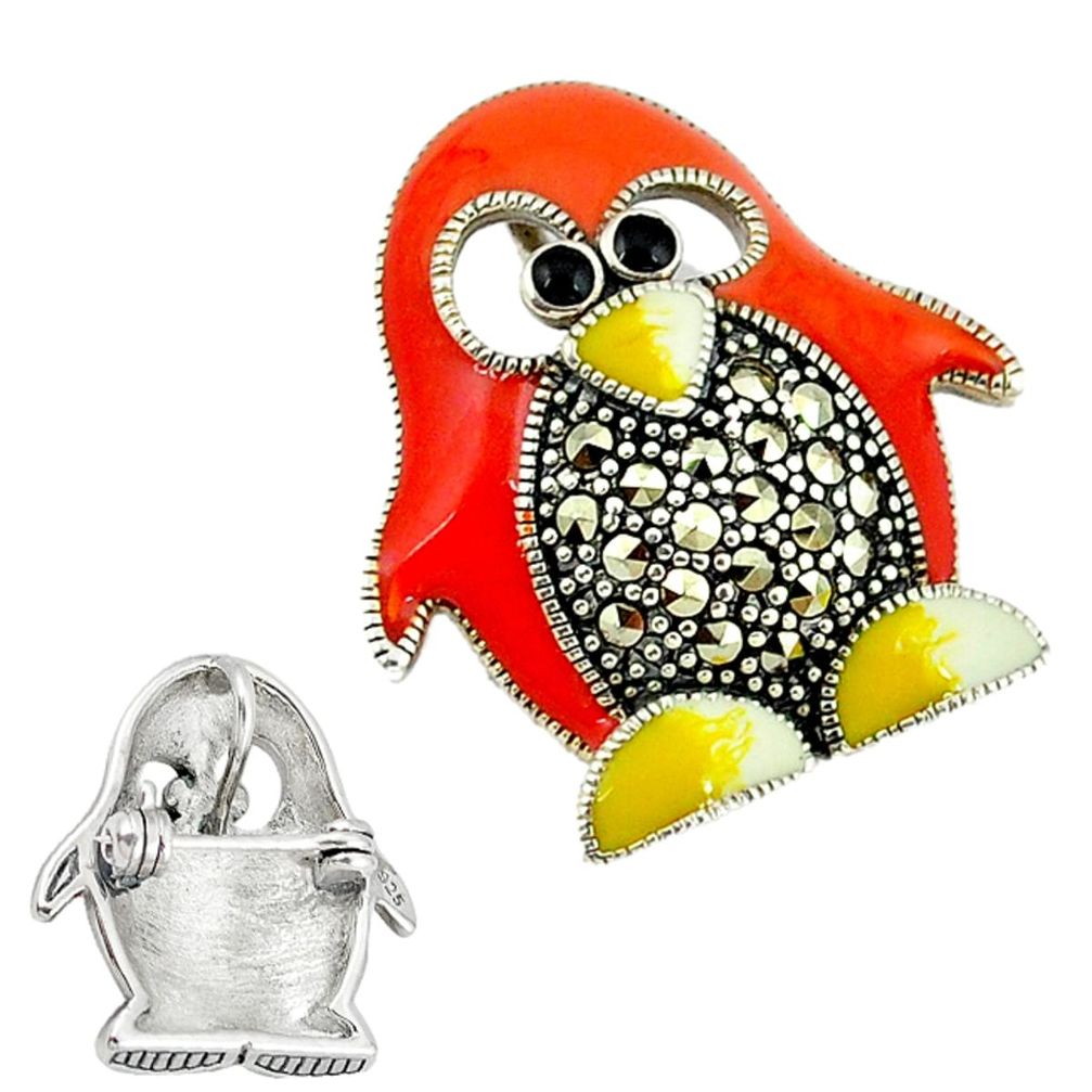 Marcasite enamel 925 sterling silver penguin charm brooch pendant jewelry a45093