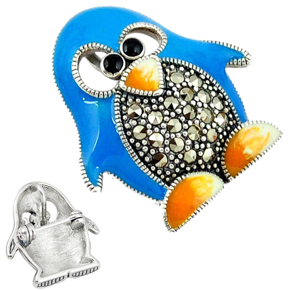 Marcasite enamel 925 sterling silver penguin charm brooch pendant a45096