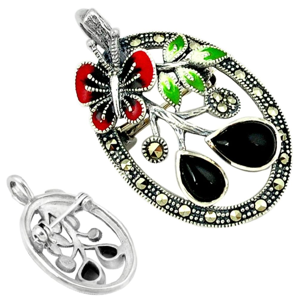 925 silver natural black onyx marcasite enamel brooch pendant jewelry a45146