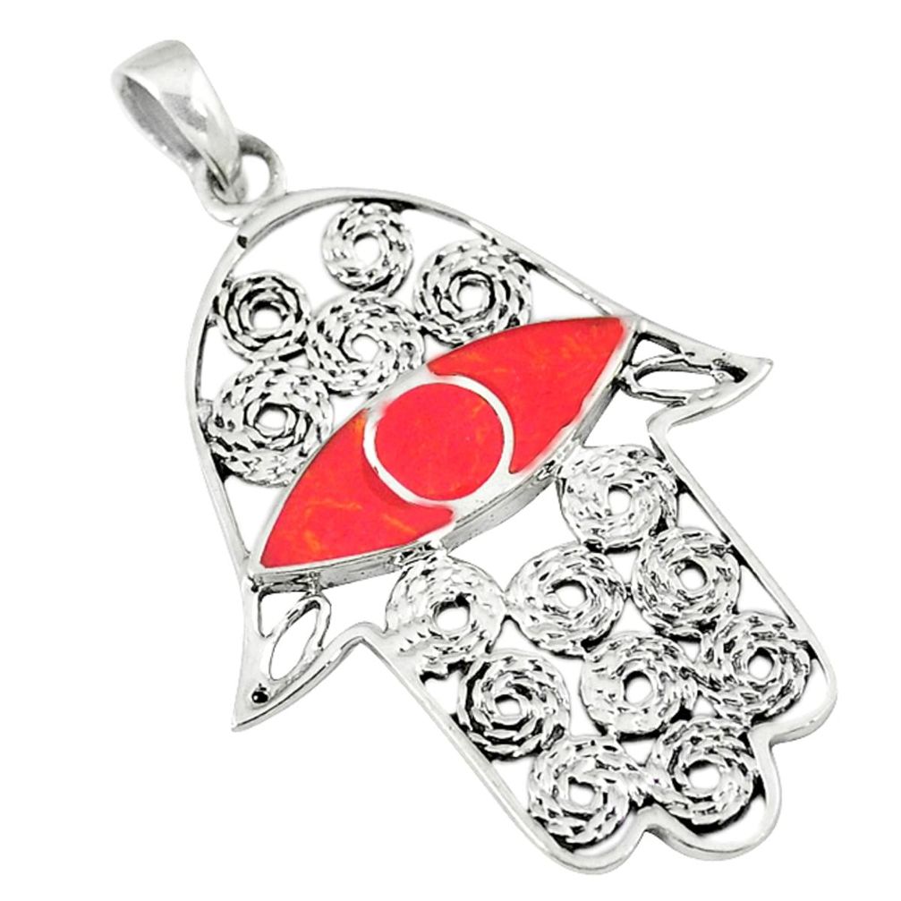 4.87gms red coral enamel 925 sterling silver hand of god hamsa pendant a45689