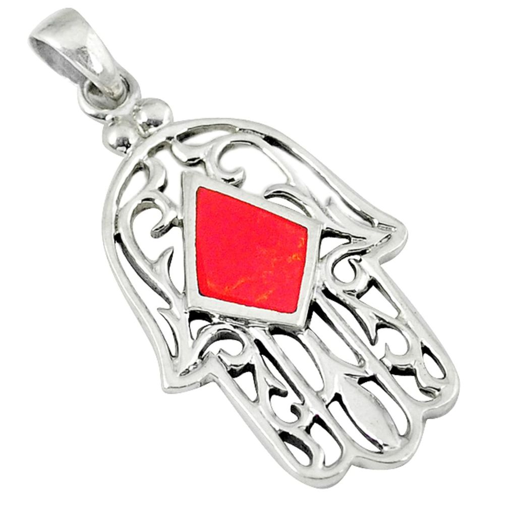 3.02gms red coral enamel 925 sterling silver hand of god hamsa pendant a45693