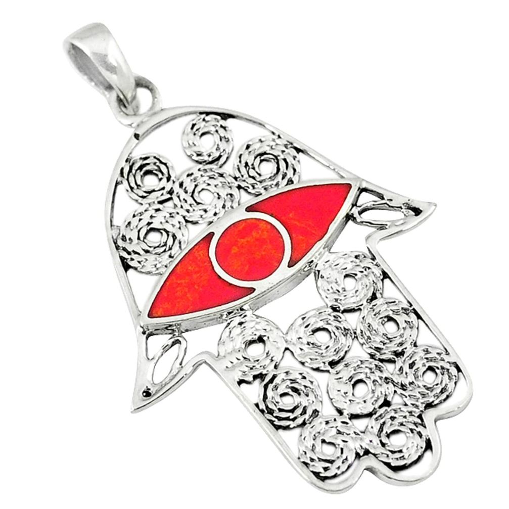 4.27gms red coral enamel 925 sterling silver hand of god hamsa pendant a45696