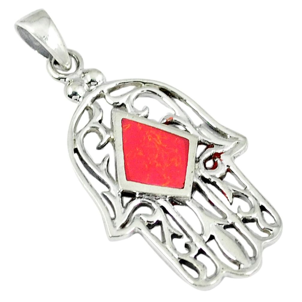 3.24gms red coral enamel 925 sterling silver hand of god hamsa pendant a45705