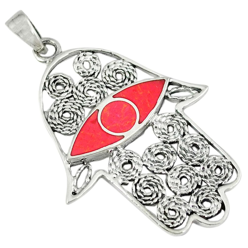 4.69gms red coral enamel 925 sterling silver hand of god hamsa pendant a45813