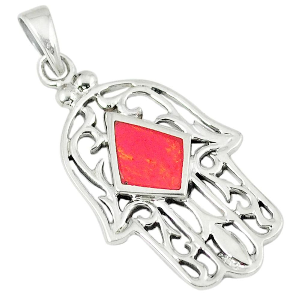 3.02gms red coral enamel 925 sterling silver hand of god hamsa pendant a45819