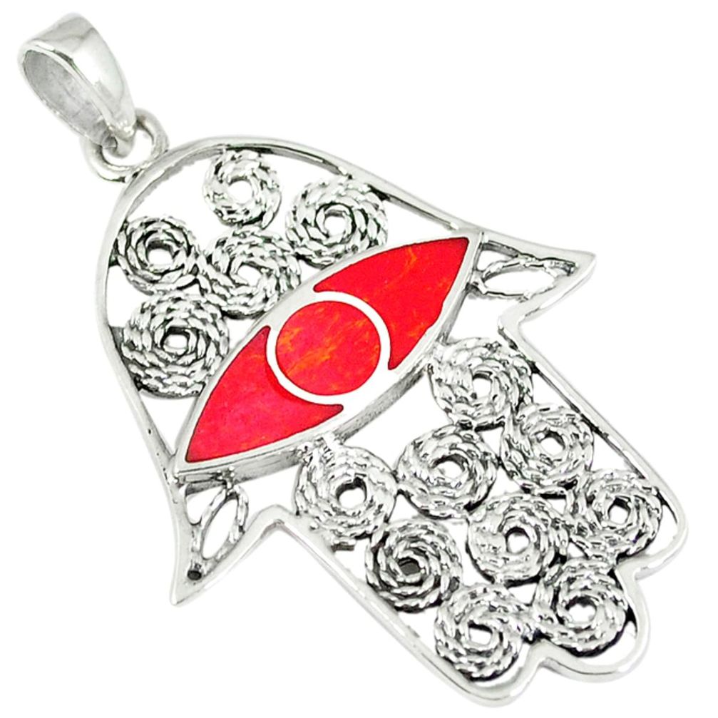 4.87gms red coral enamel 925 sterling silver hand of god hamsa pendant a45832