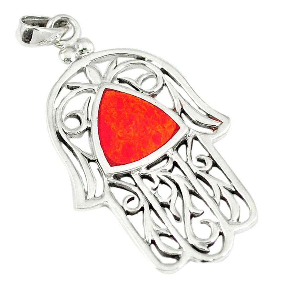 5.02gms red coral enamel 925 sterling silver hand of god hamsa pendant a45837