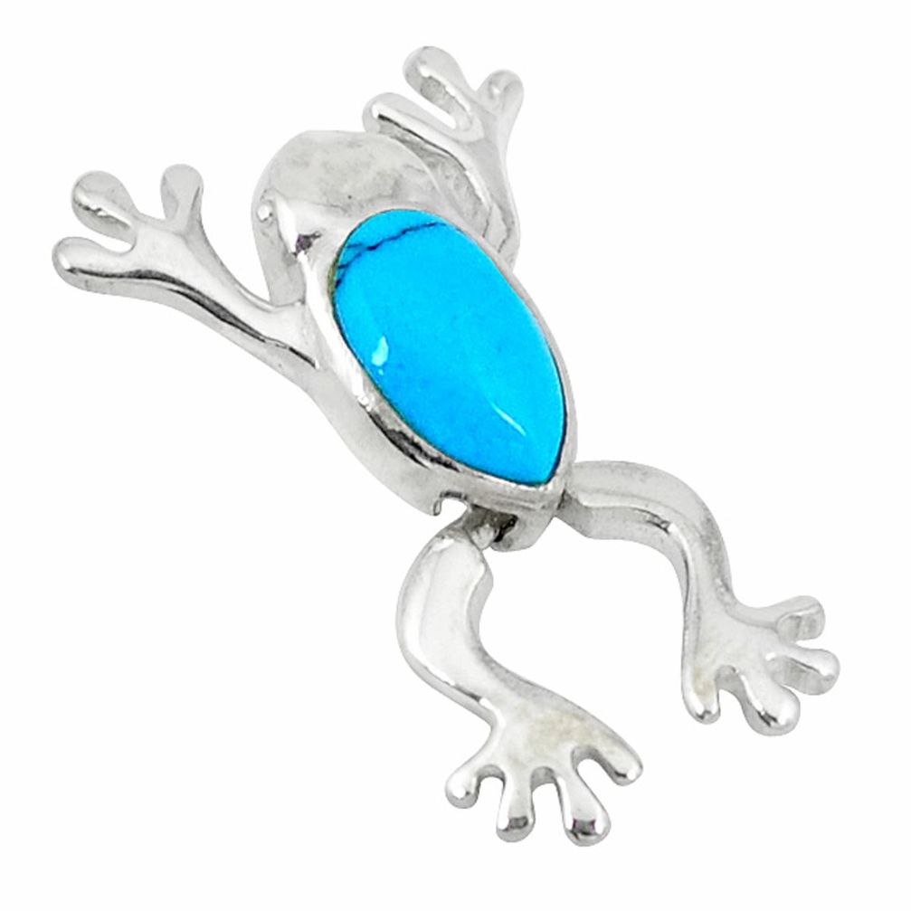 4.41gms fine blue turquoise enamel 925 sterling silver frog pendant a46391