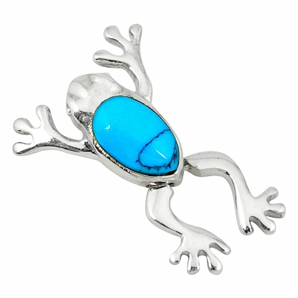 4.28gms fine blue turquoise enamel 925 sterling silver frog pendant a46394