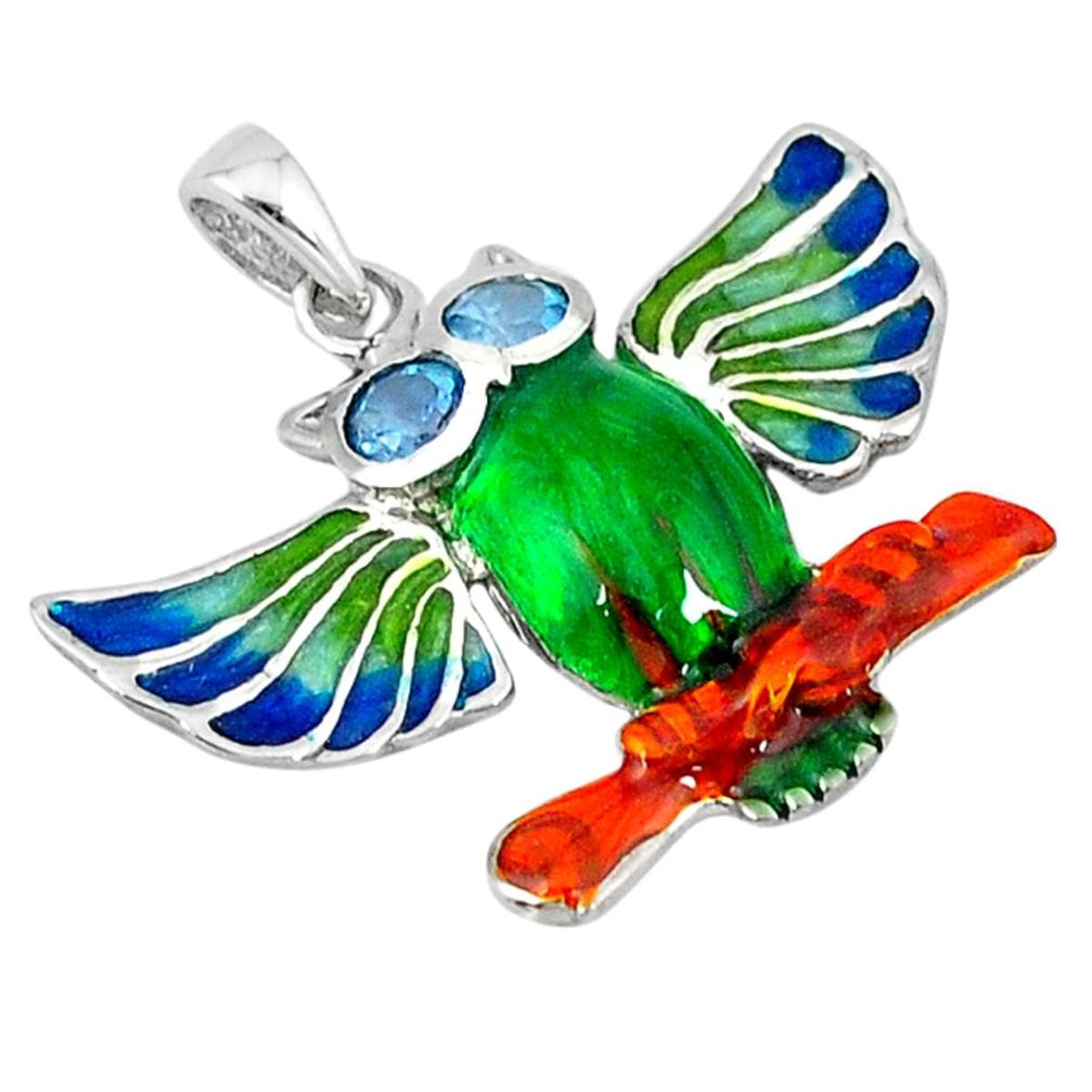 Natural blue topaz enamel 925 sterling silver owl pendant jewelry a46743