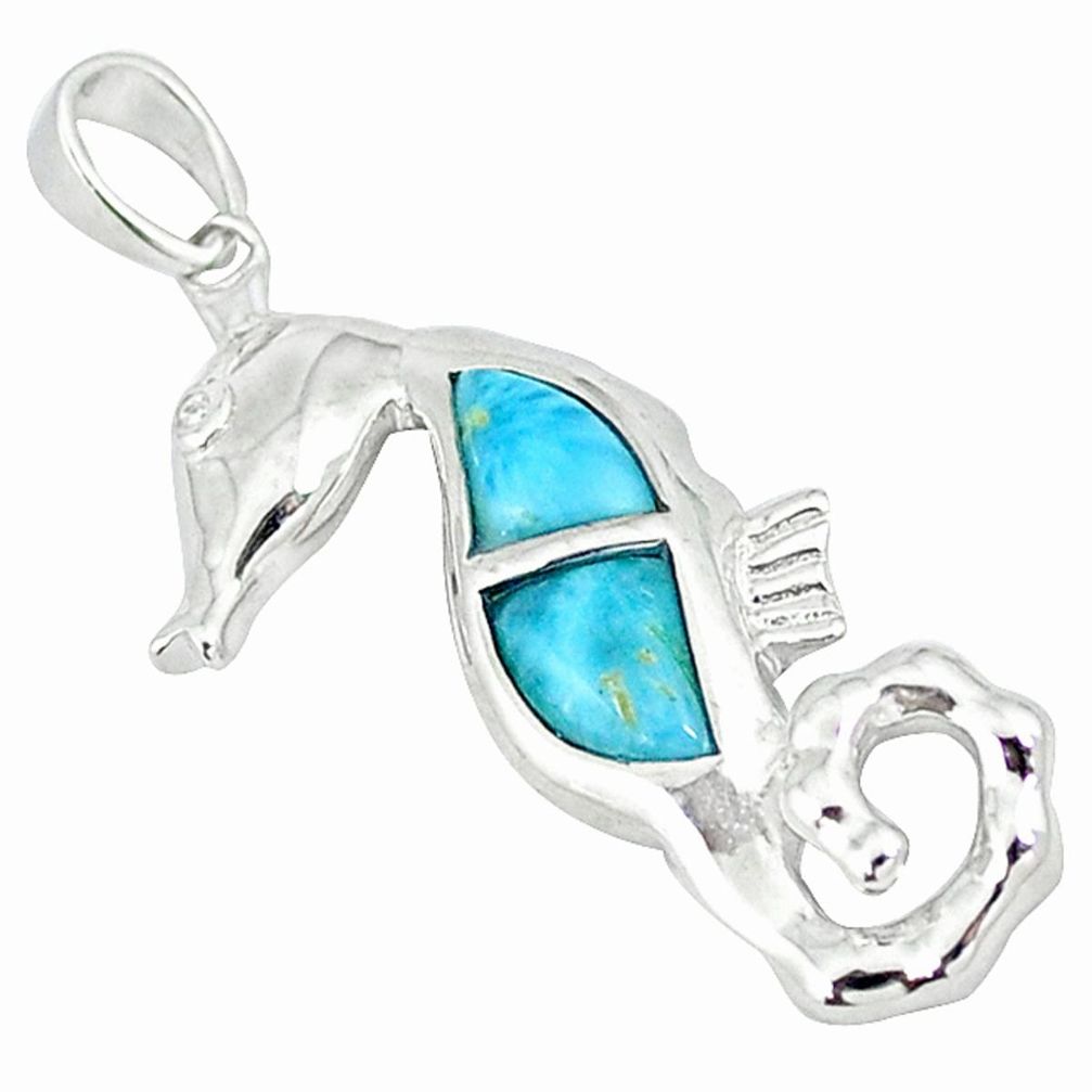 Natural blue larimar topaz 925 sterling silver seahorse pendant jewelry a46860