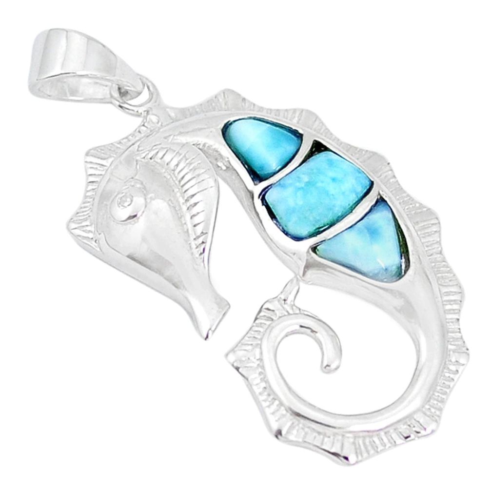 Natural blue larimar topaz 925 sterling silver seahorse pendant jewelry a48953