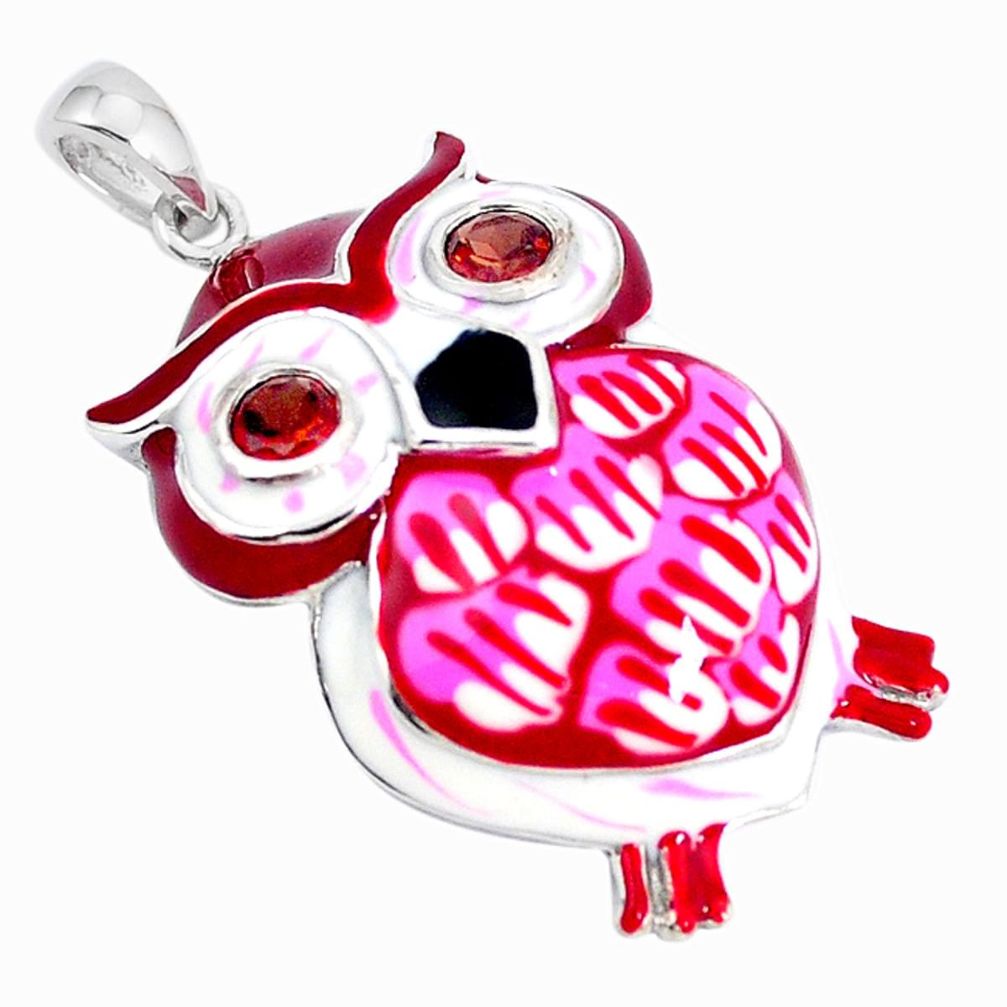 Clearance Sale-Natural red garnet enamel 925 sterling silver owl pendant jewelry a49294