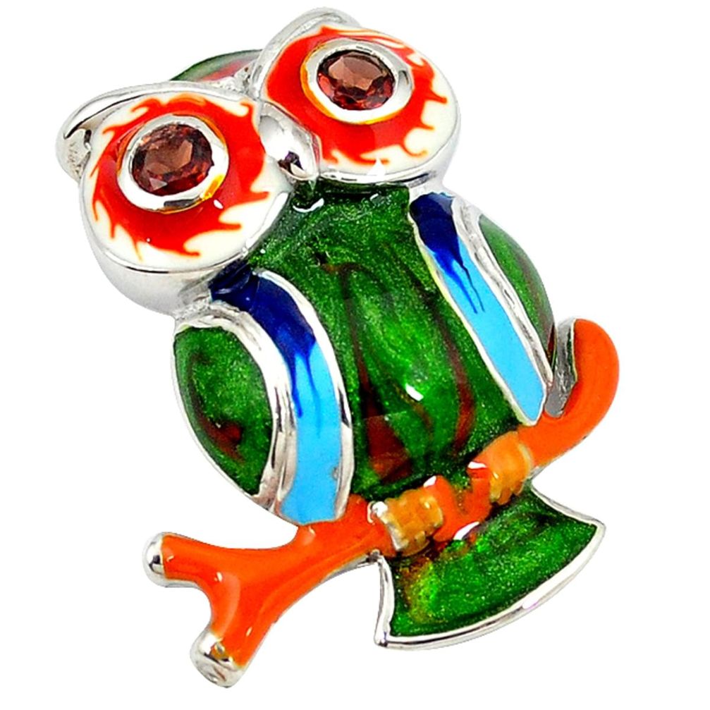 Natural red garnet enamel 925 sterling silver owl pendant jewelry a49360