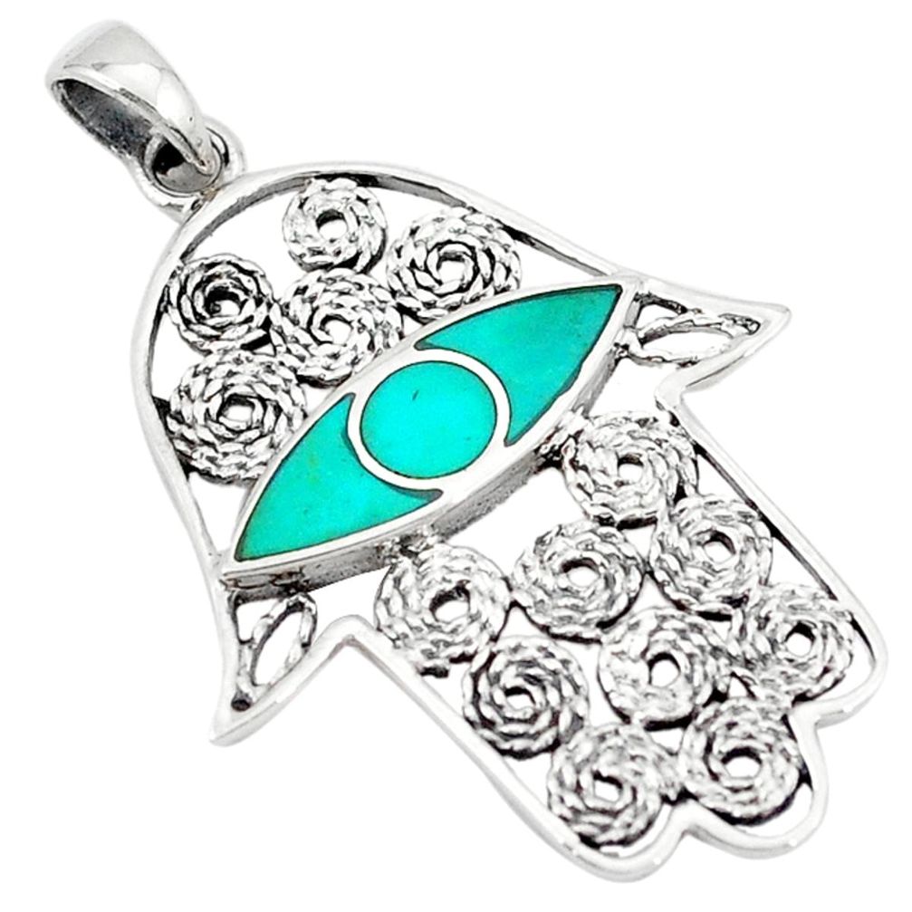 Clearance Sale-Fine green turquoise enamel 925 silver hand of god hamsa pendant a50108