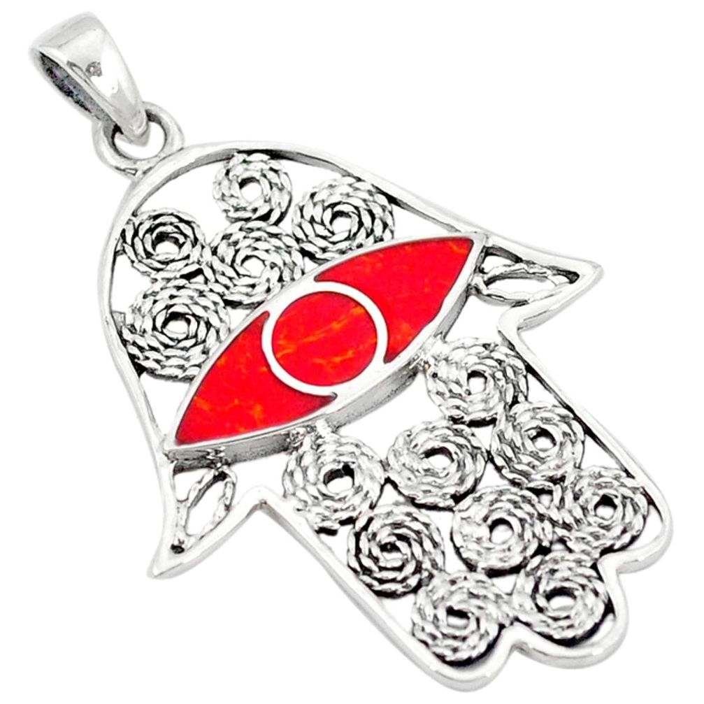 Clearance Sale-Red sponge coral 925 sterling silver hand of god hamsa pendant a50137