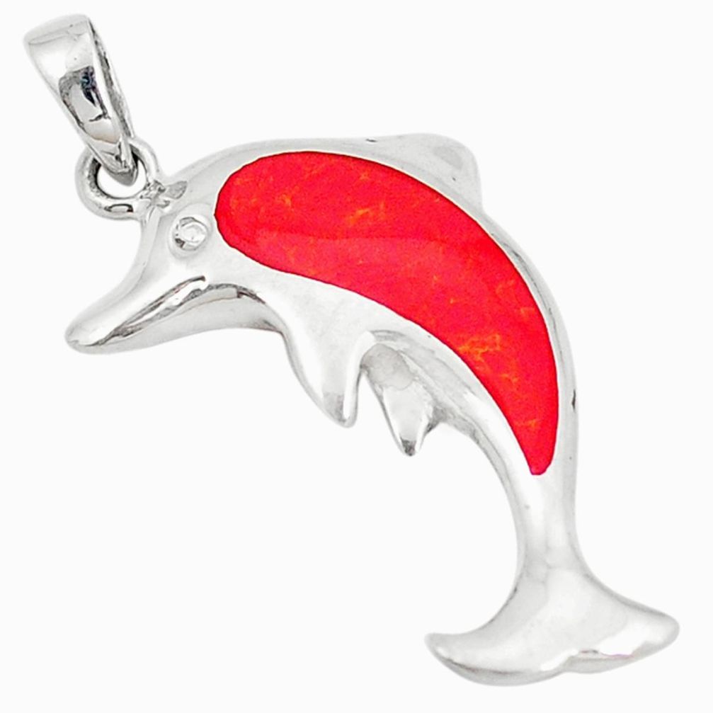 Clearance Sale-925 sterling silver red coral enamel dolphin pendant jewelry a50177