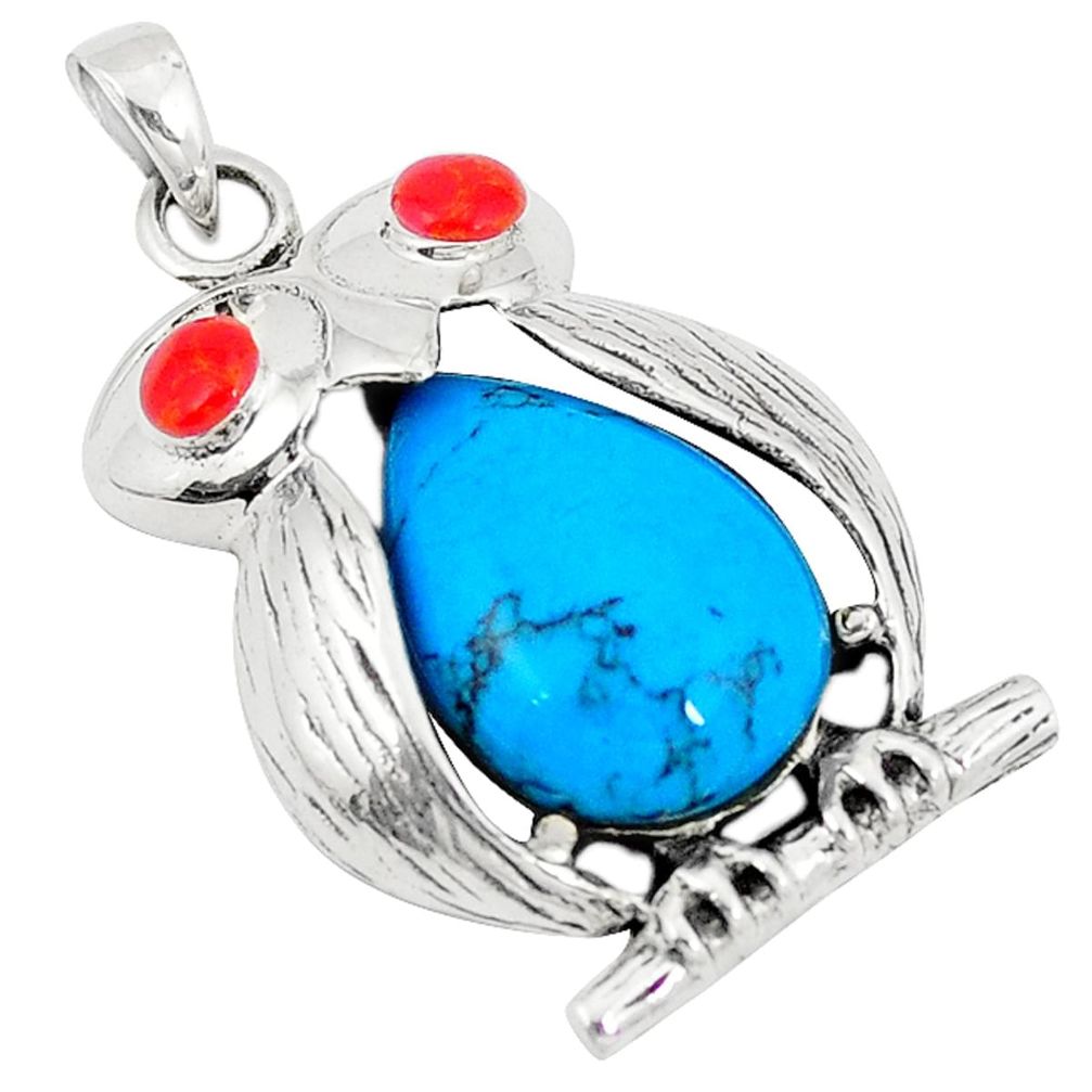 Clearance Sale-Fine blue turquoise coral 925 sterling silver owl pendant jewelry a50197