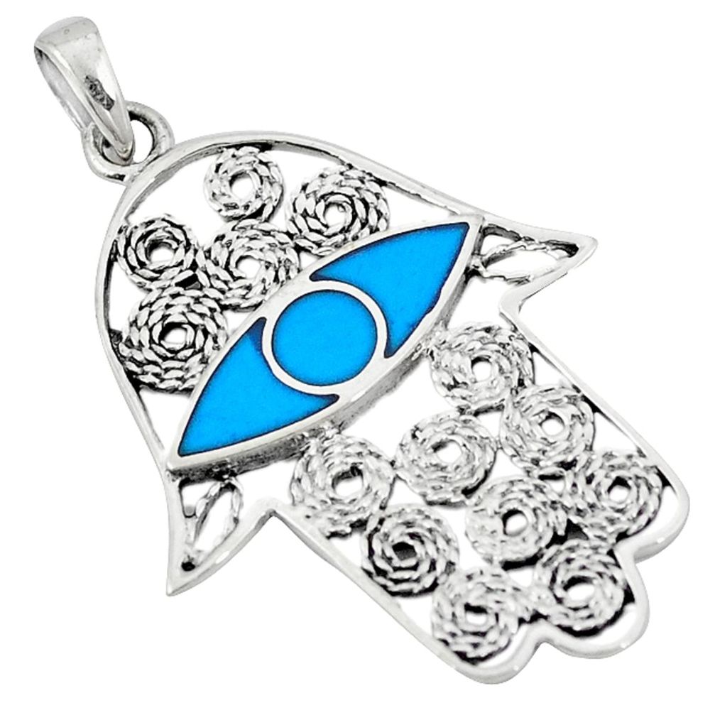 Clearance Sale-Fine blue turquoise enamel 925 silver hand of god hamsa pendant a50215