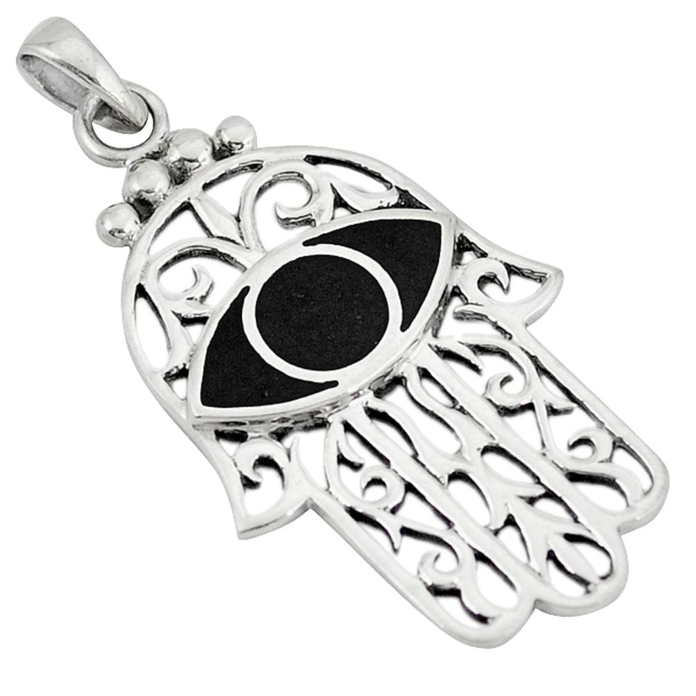 Black onyx enamel 925 sterling silver hand of god hamsa pendant a50233