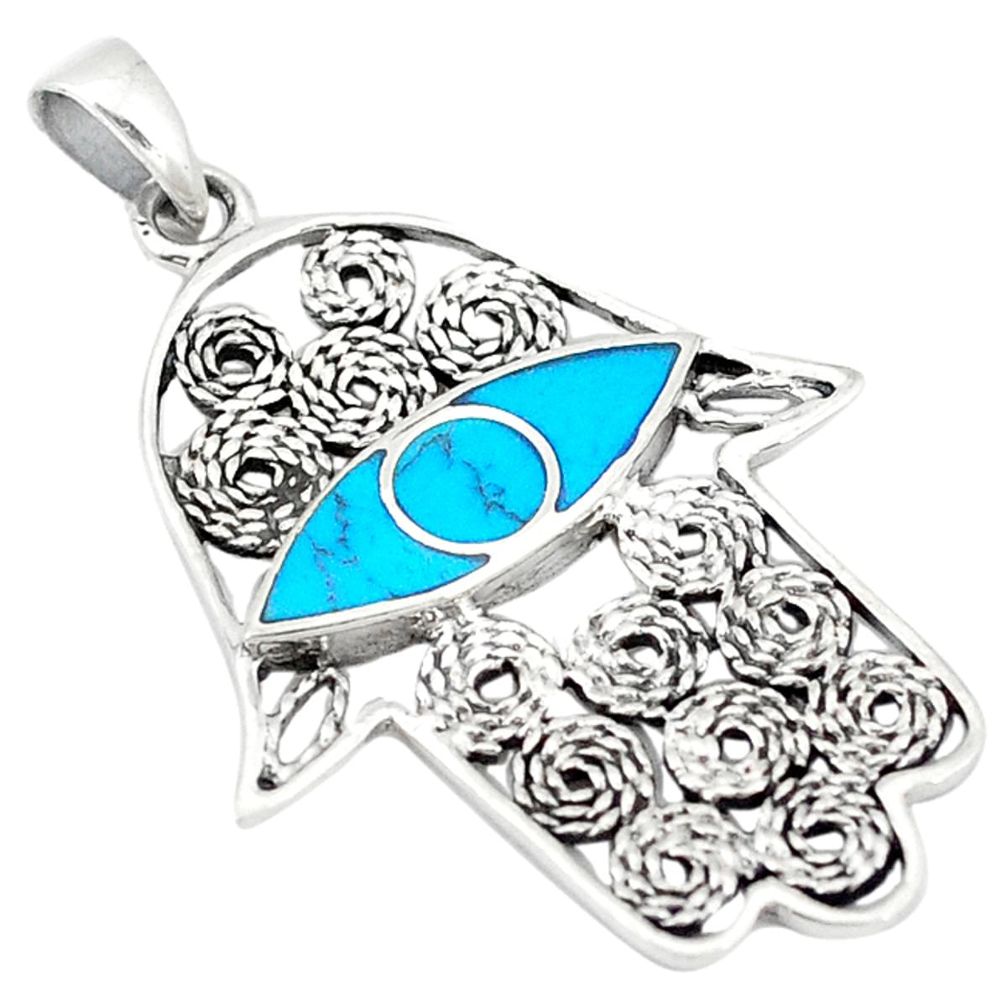 Clearance Sale-Fine blue turquoise enamel 925 silver hand of god hamsa pendant a50276