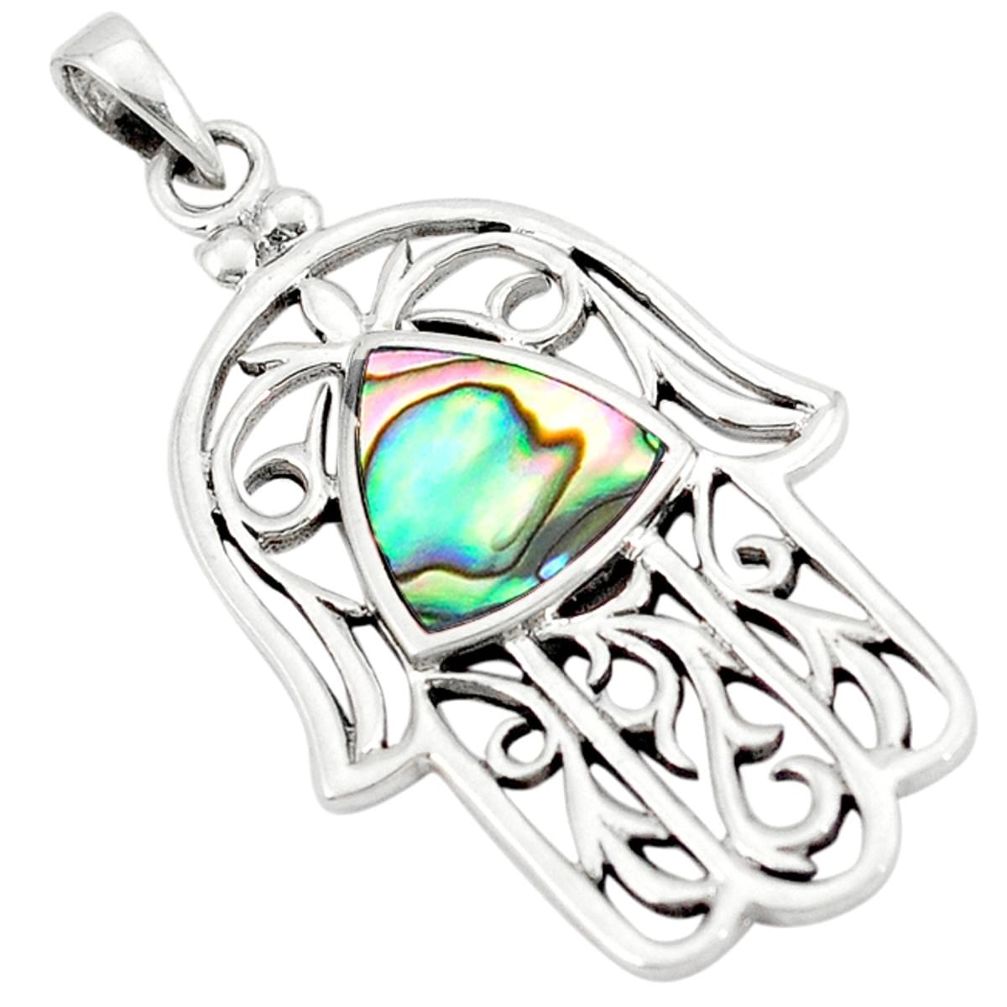 Green abalone paua seashell 925 silver hand of god hamsa pendant a50278