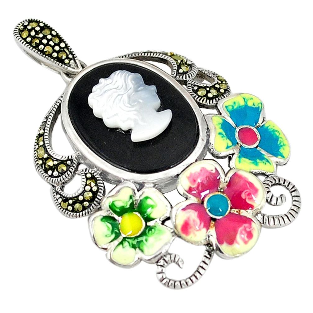 Clearance Sale-925 silver natural blister pearl marcasite enamel pendant jewelry a50749