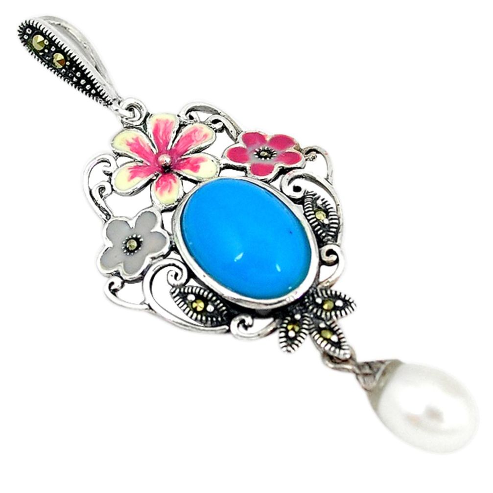 Clearance Sale-925 silver blue sleeping beauty turquoise marcasite enamel pendant a50753